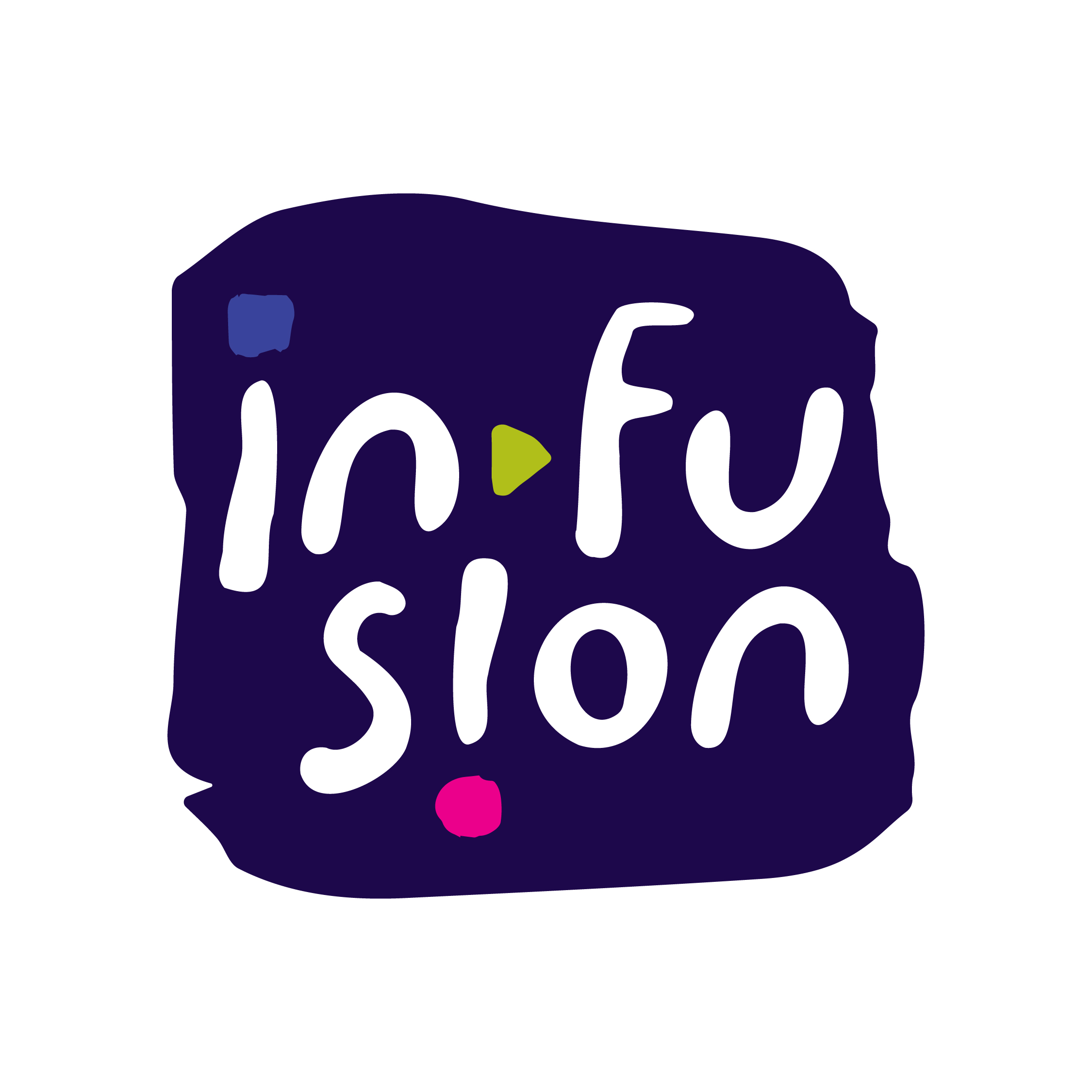 Logo inFusion_plava fleka na nea ispisan infusion so sino kvadratce nad i, play ikonce megu in i fu, vo vtoriot red pod niv Sion so rozeva tocka na bukvata i